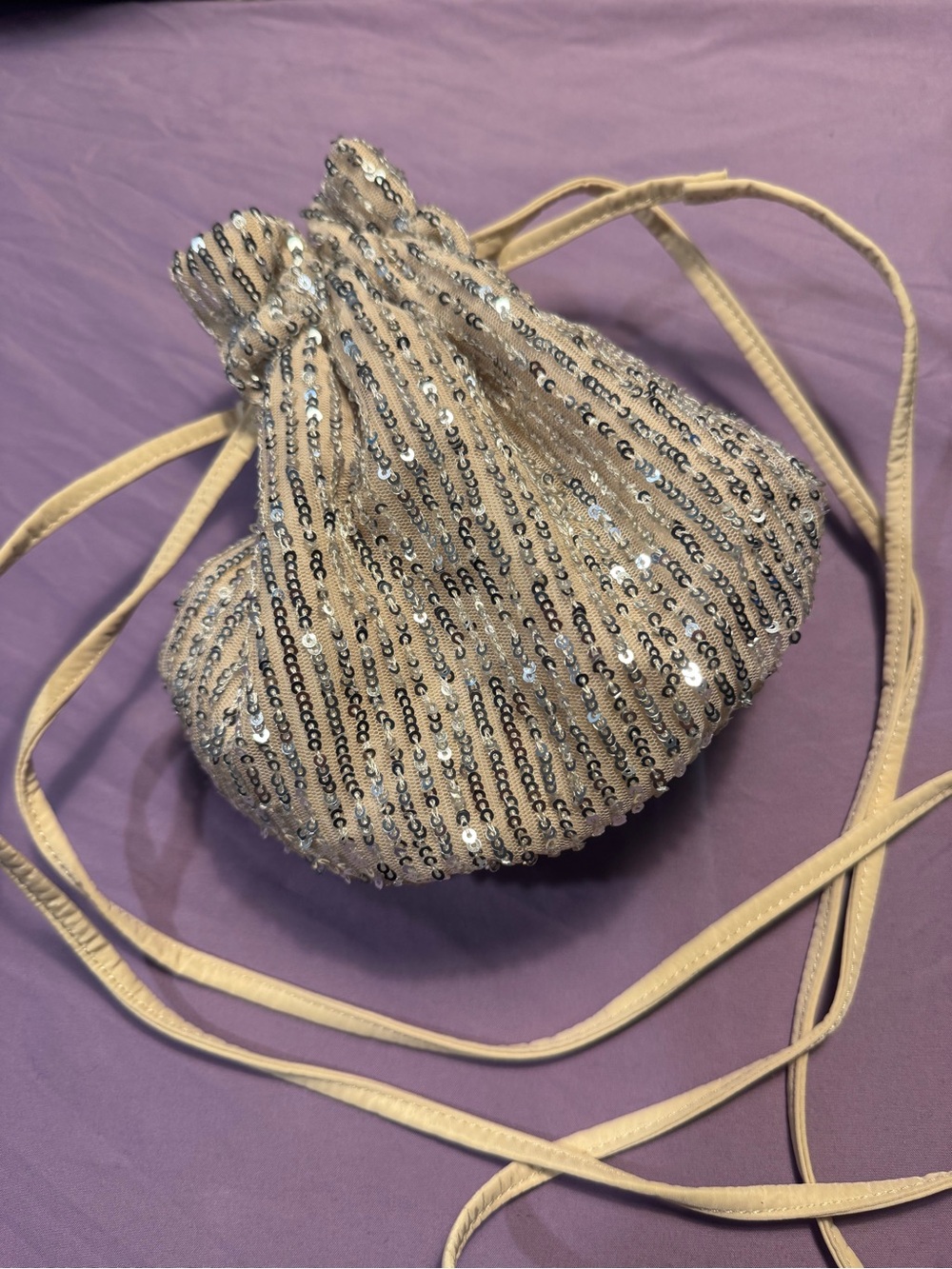 LOFT Silver Sequin Shimmer Party Event Drawstring Purse Clutch Handbag